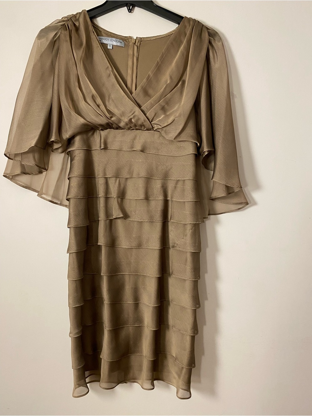 Vintage Maggy London Taupe Layered Ruffle Midi Dress for formal occasions